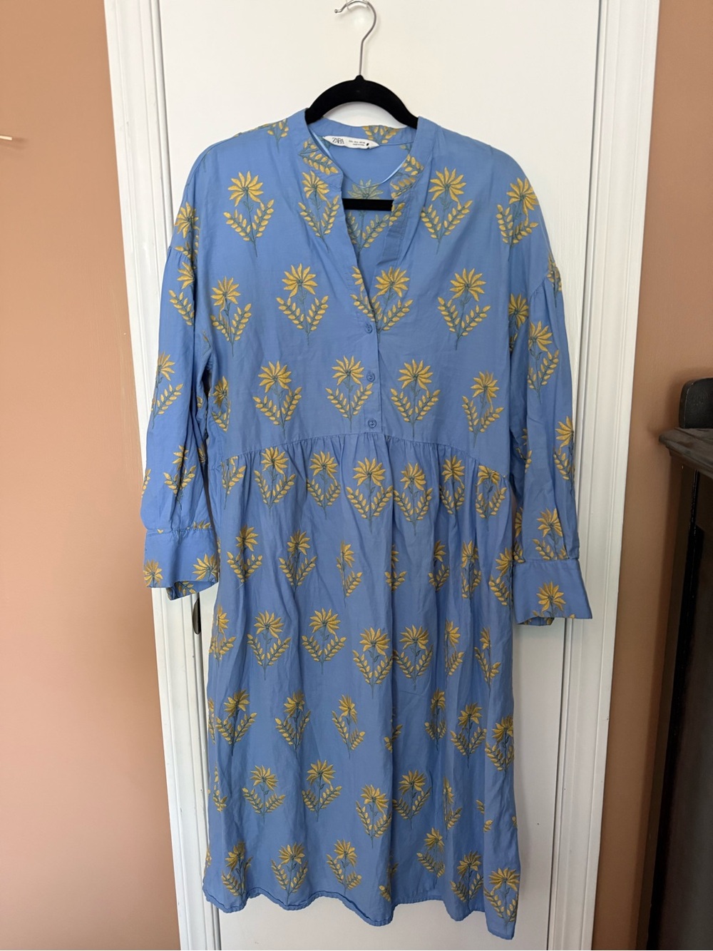 Zara Light Blue Floral Midi Dress with Yellow Embroidery